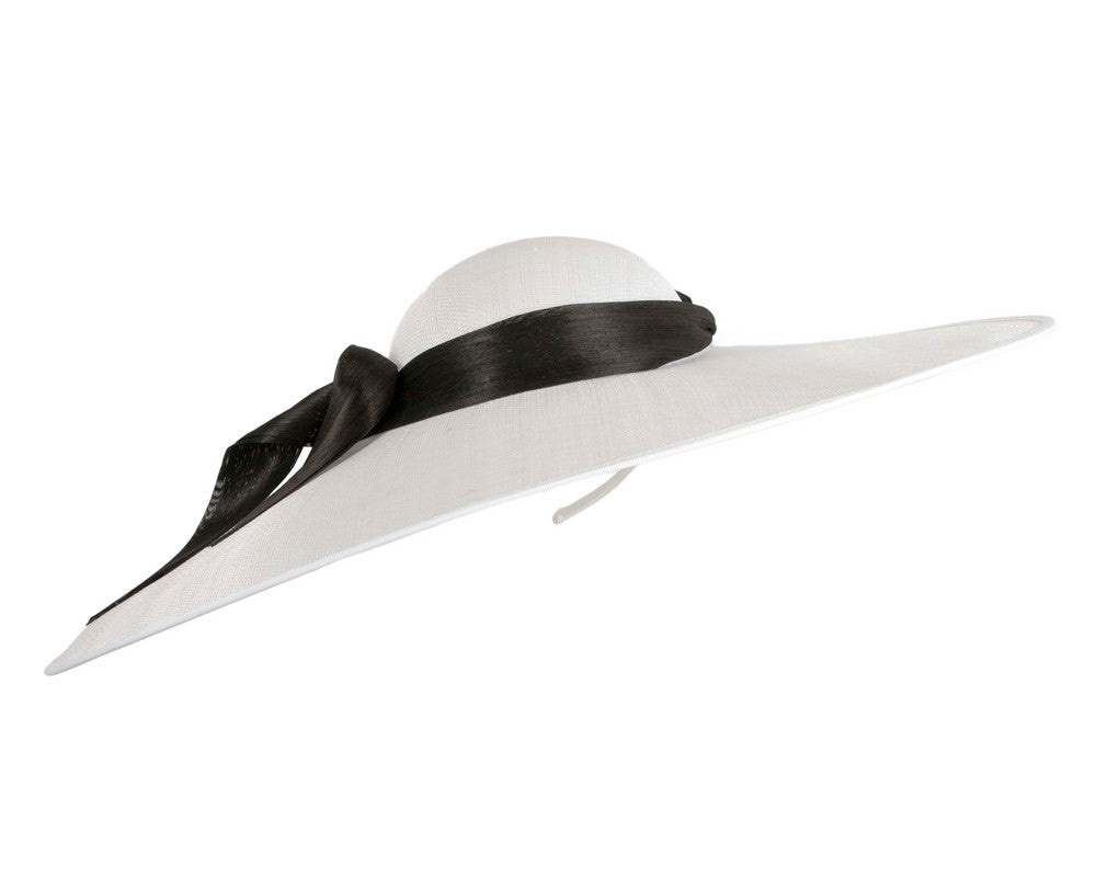 White & Black Wide Brim Fascinator Hat with Silk Abaca Trim