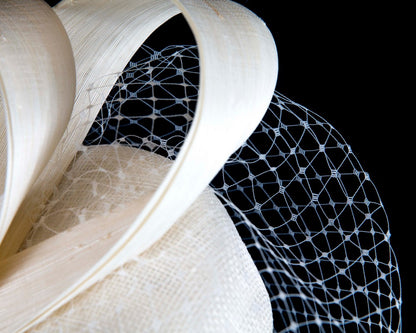 Cream Racing Pillbox Fascinator with Face Veil