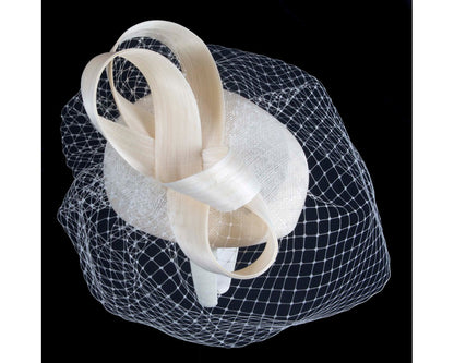 Cream Racing Pillbox Fascinator with Face Veil