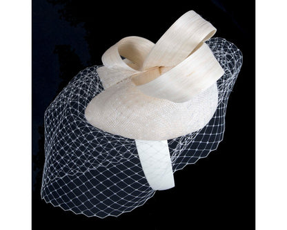 Cream Racing Pillbox Fascinator with Face Veil
