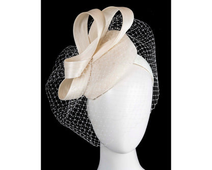 Cream Racing Pillbox Fascinator with Face Veil