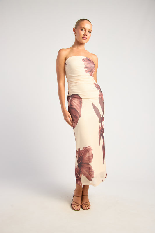 Contrast Floral Print Stapless Midi Dress - Chocolate COMING SOON