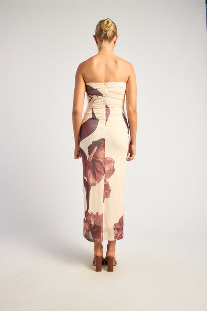 Contrast Floral Print Stapless Midi Dress - Chocolate COMING SOON