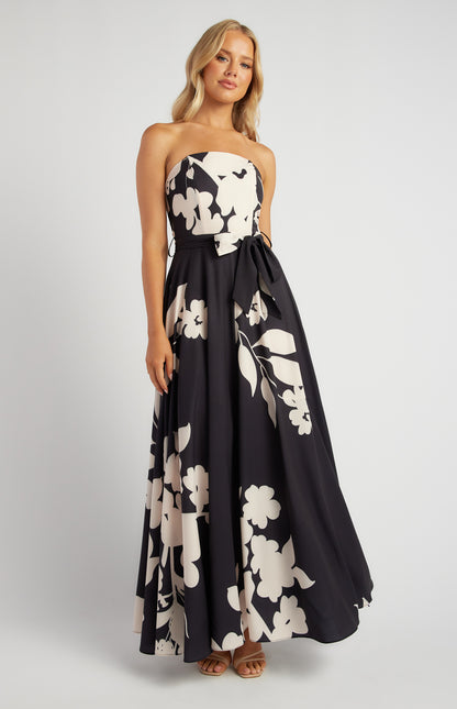 Abstract Floral Strapless Dress - Black/Cream