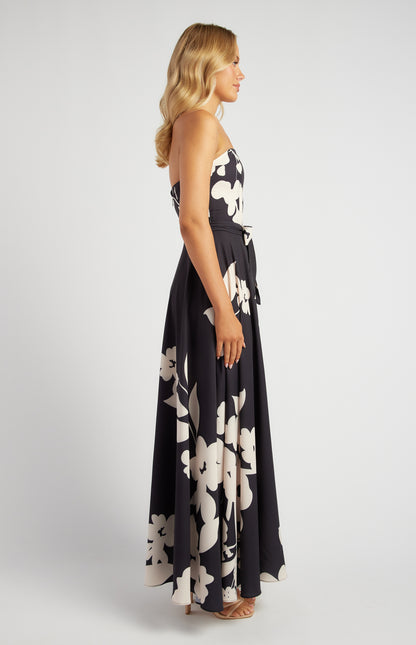 Abstract Floral Strapless Dress - Black/Cream