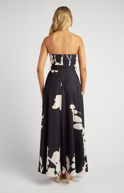 Abstract Floral Strapless Dress - Black/Cream