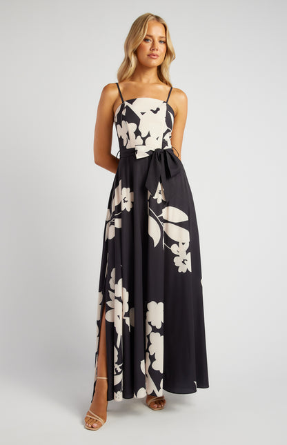 Abstract Floral Strapless Dress - Black/Cream