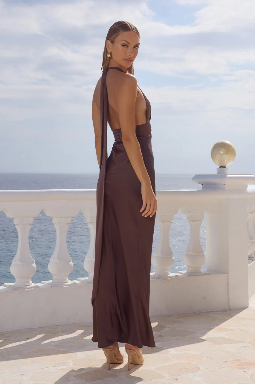 Sylvie Plunge V-Neck Maxi Dress - Bitter Chocolate