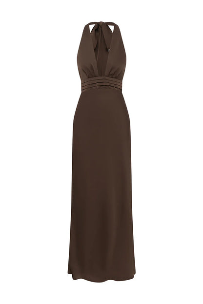 Sylvie Plunge V-Neck Maxi Dress - Bitter Chocolate