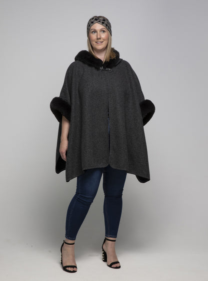 Faux Fur Hooded Poncho - Dark Grey
