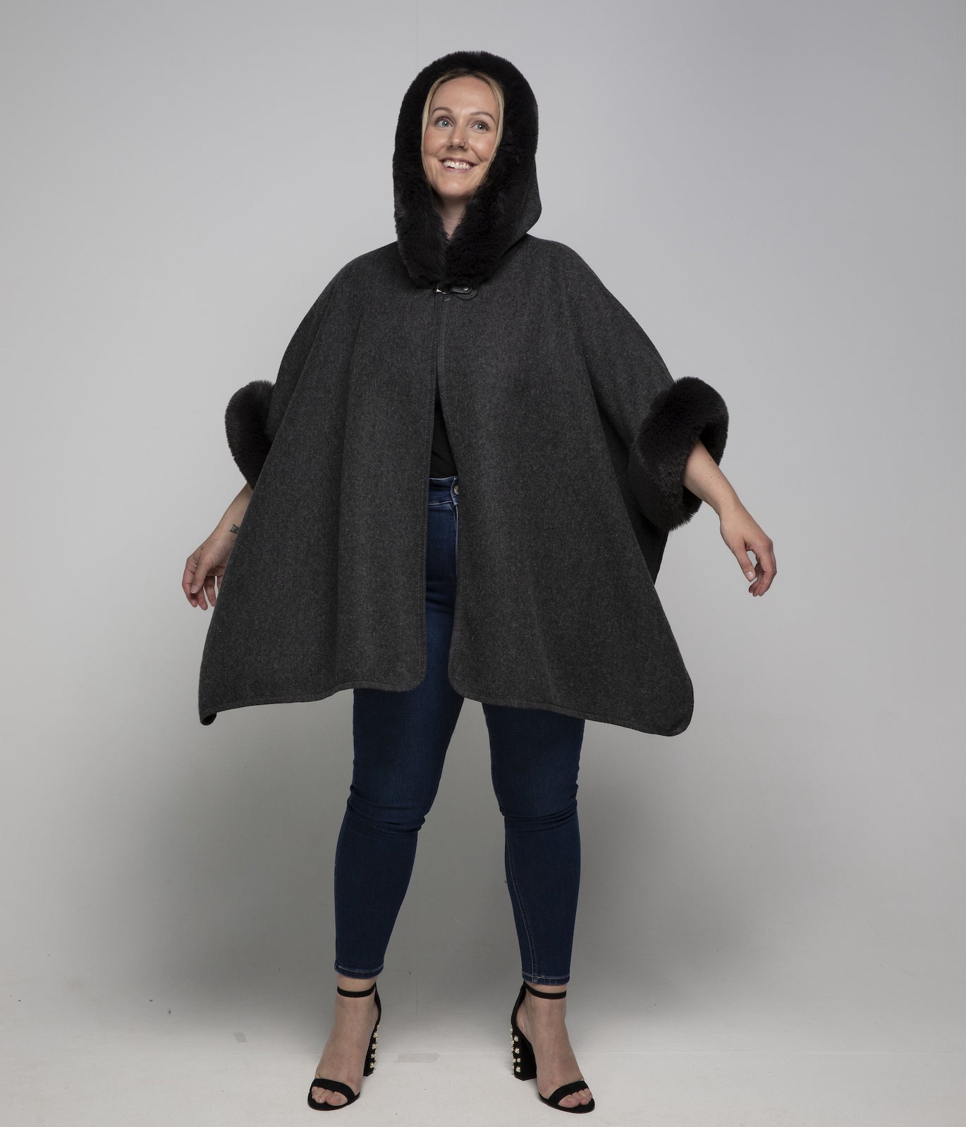 Faux Fur Hooded Poncho - Dark Grey