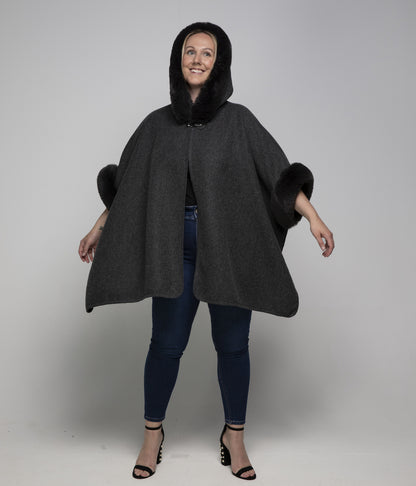 Faux Fur Hooded Poncho - Dark Grey
