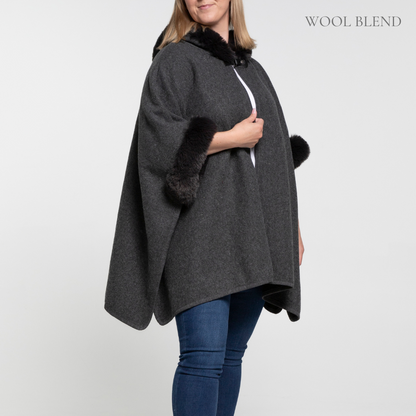 Faux Fur Hooded Poncho - Dark Grey