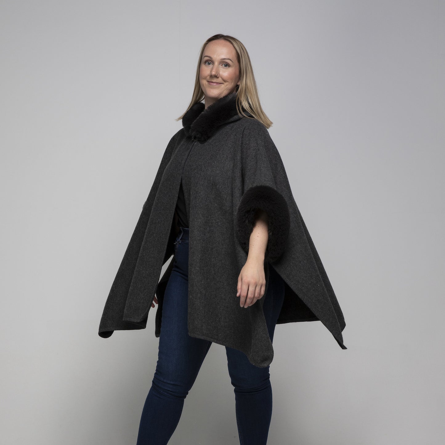 Faux Fur Hooded Poncho - Dark Grey