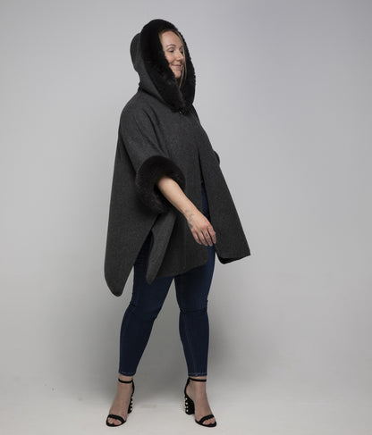 Faux Fur Hooded Poncho - Dark Grey