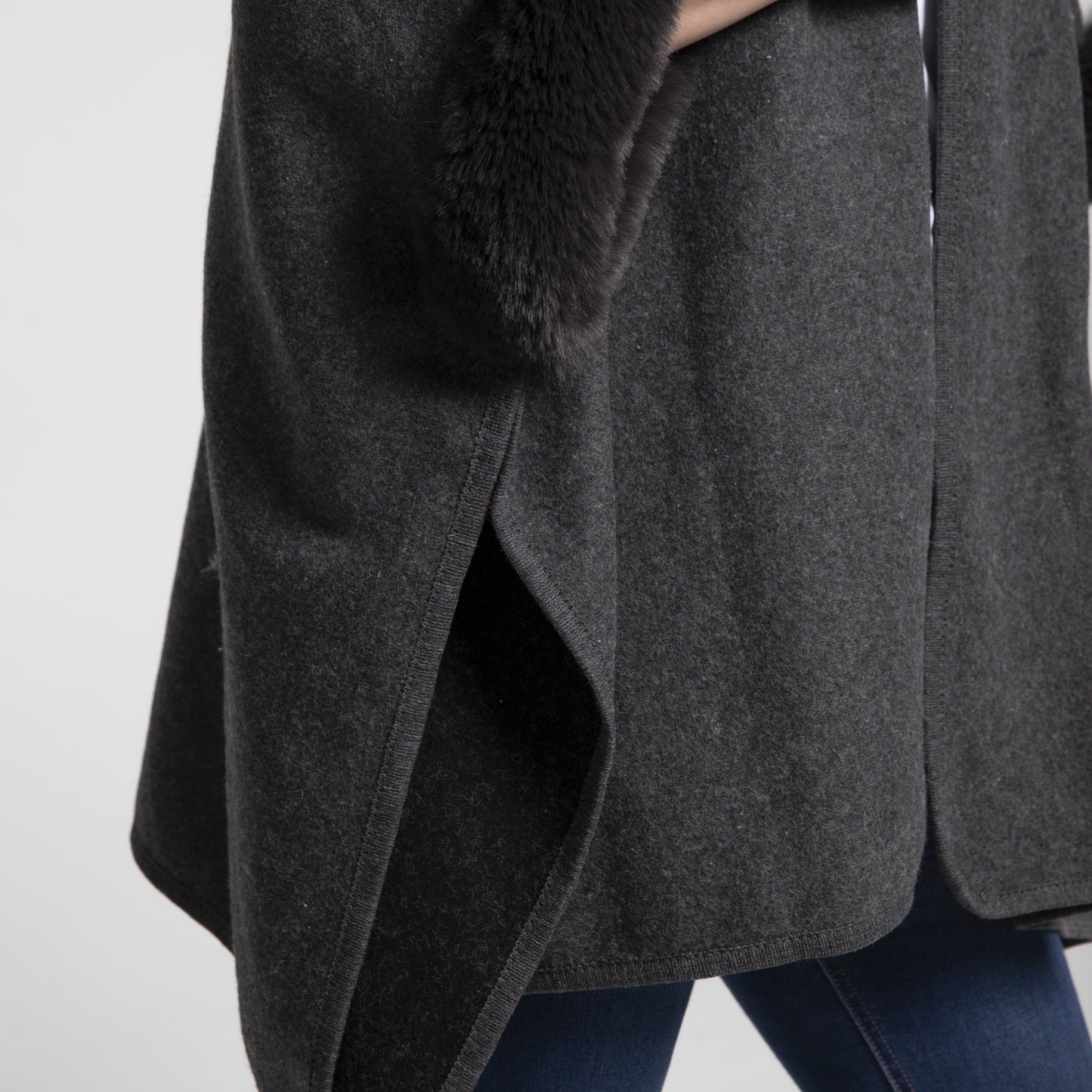 Faux Fur Hooded Poncho - Dark Grey