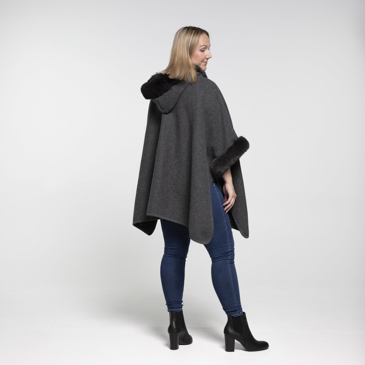 Faux Fur Hooded Poncho - Dark Grey