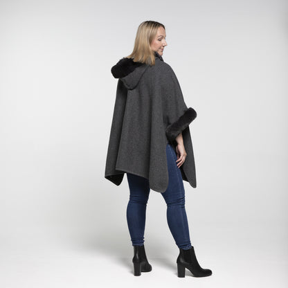 Faux Fur Hooded Poncho - Dark Grey