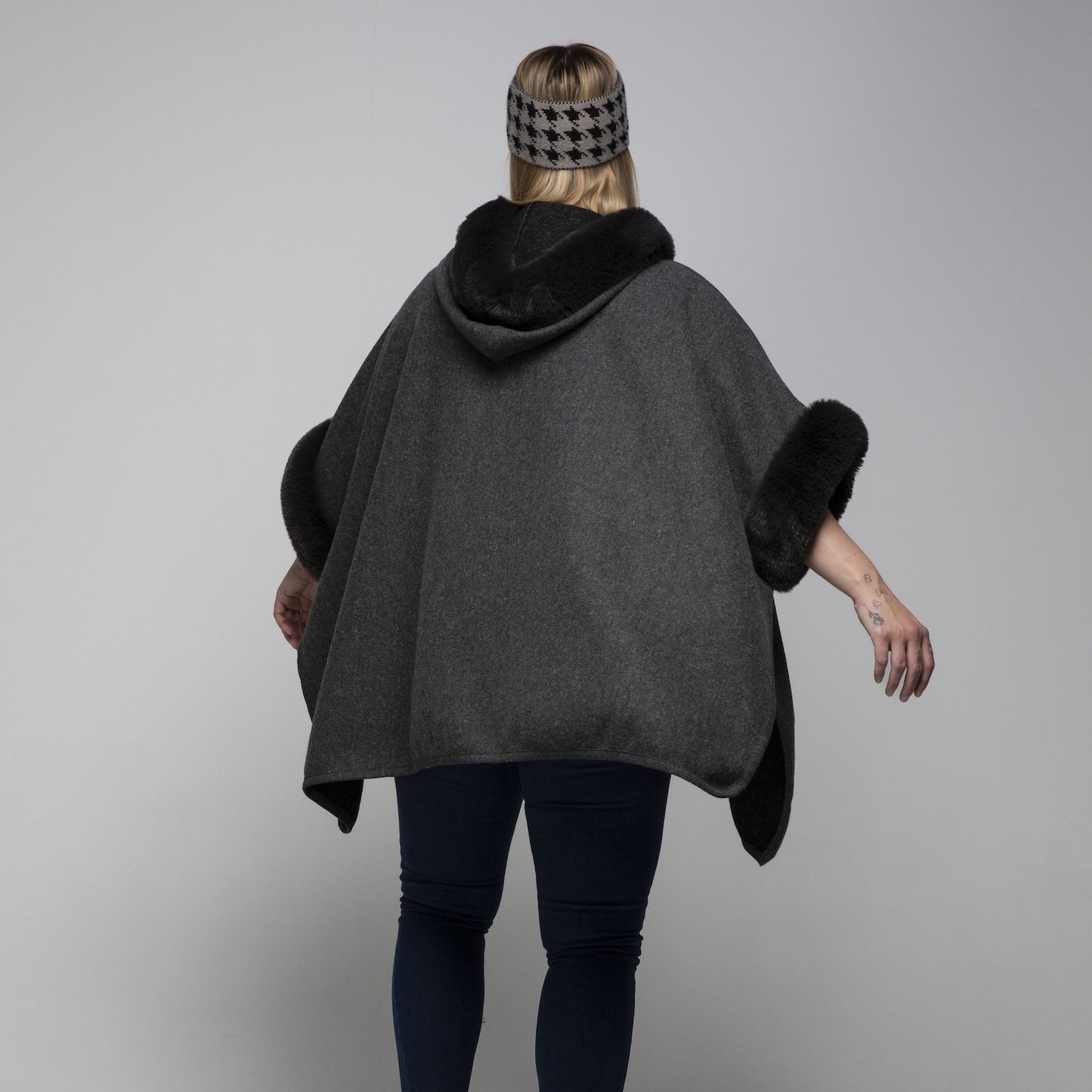 Faux Fur Hooded Poncho - Dark Grey
