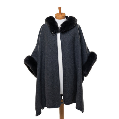 Faux Fur Hooded Poncho - Dark Grey