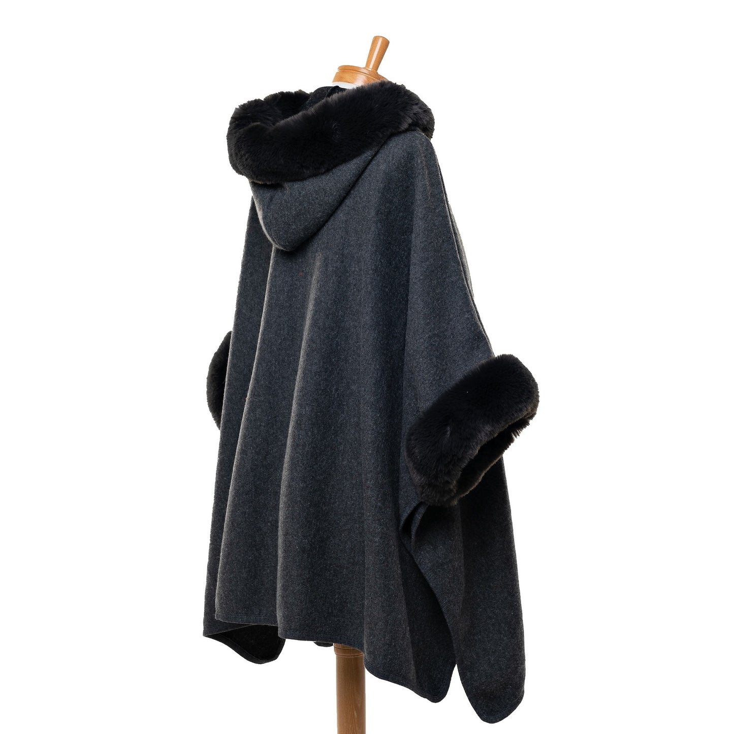 Faux Fur Hooded Poncho - Dark Grey