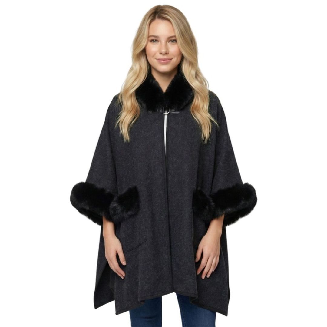 Faux Fur Plain Sleeve Cape Coat - Black