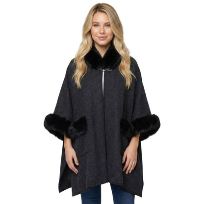 Faux Fur Plain Sleeve Cape Coat - Black