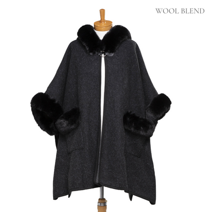 Faux Fur Plain Sleeve Cape Coat - Black
