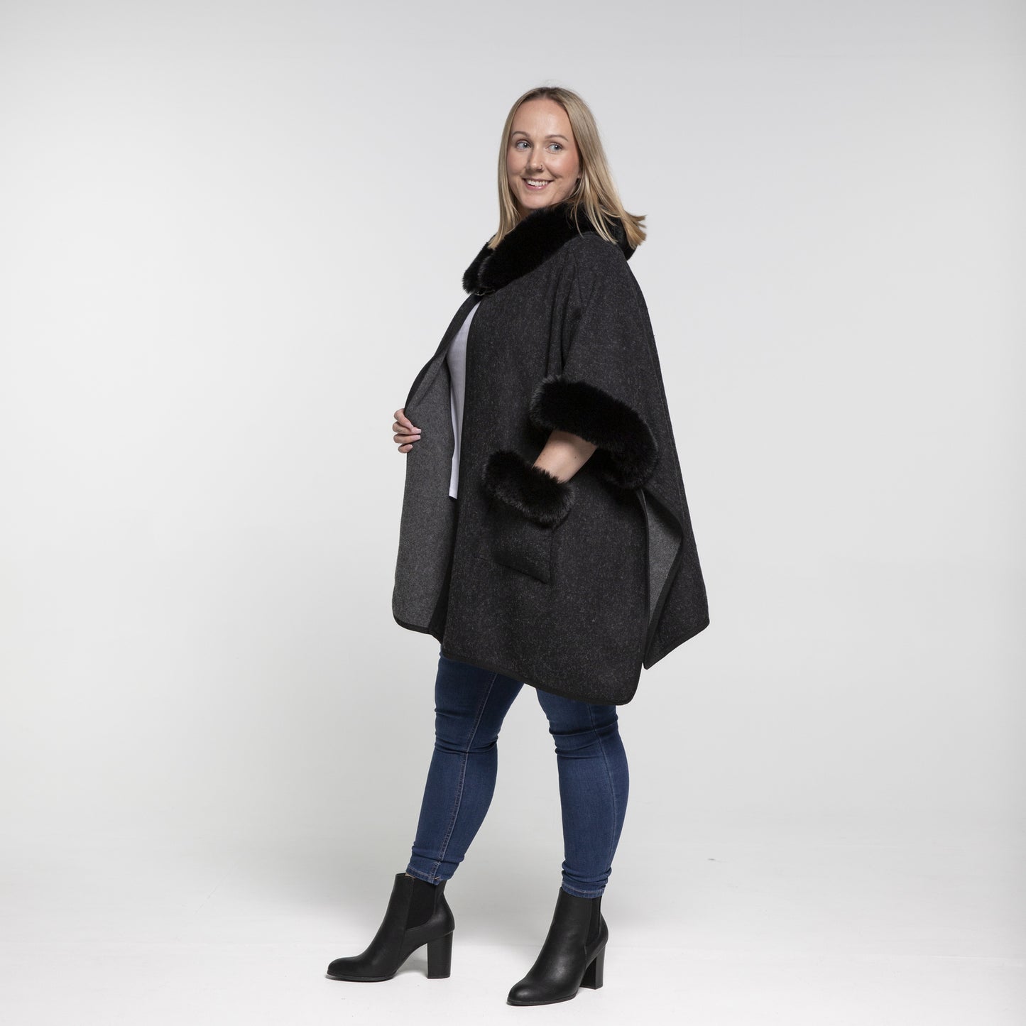 Faux Fur Plain Sleeve Cape Coat - Black