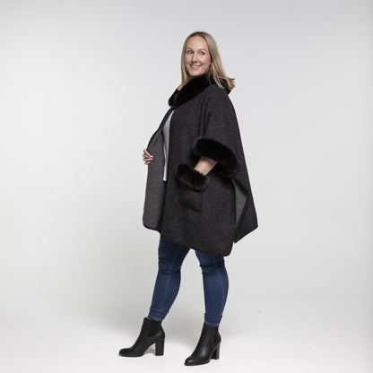 Faux Fur Plain Sleeve Cape Coat - Black
