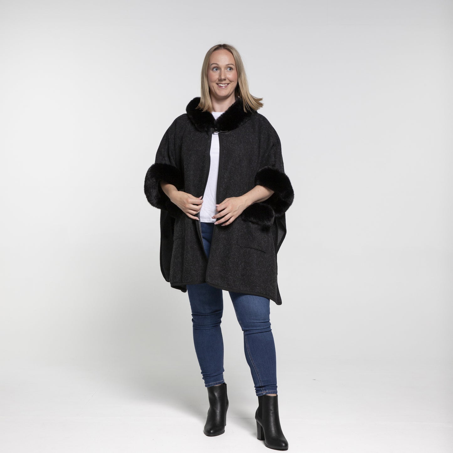 Faux Fur Plain Sleeve Cape Coat - Black