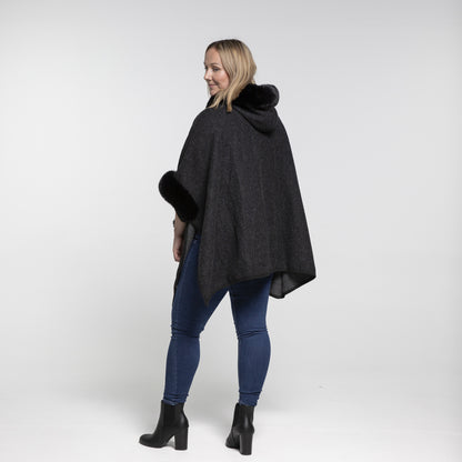 Faux Fur Plain Sleeve Cape Coat - Black