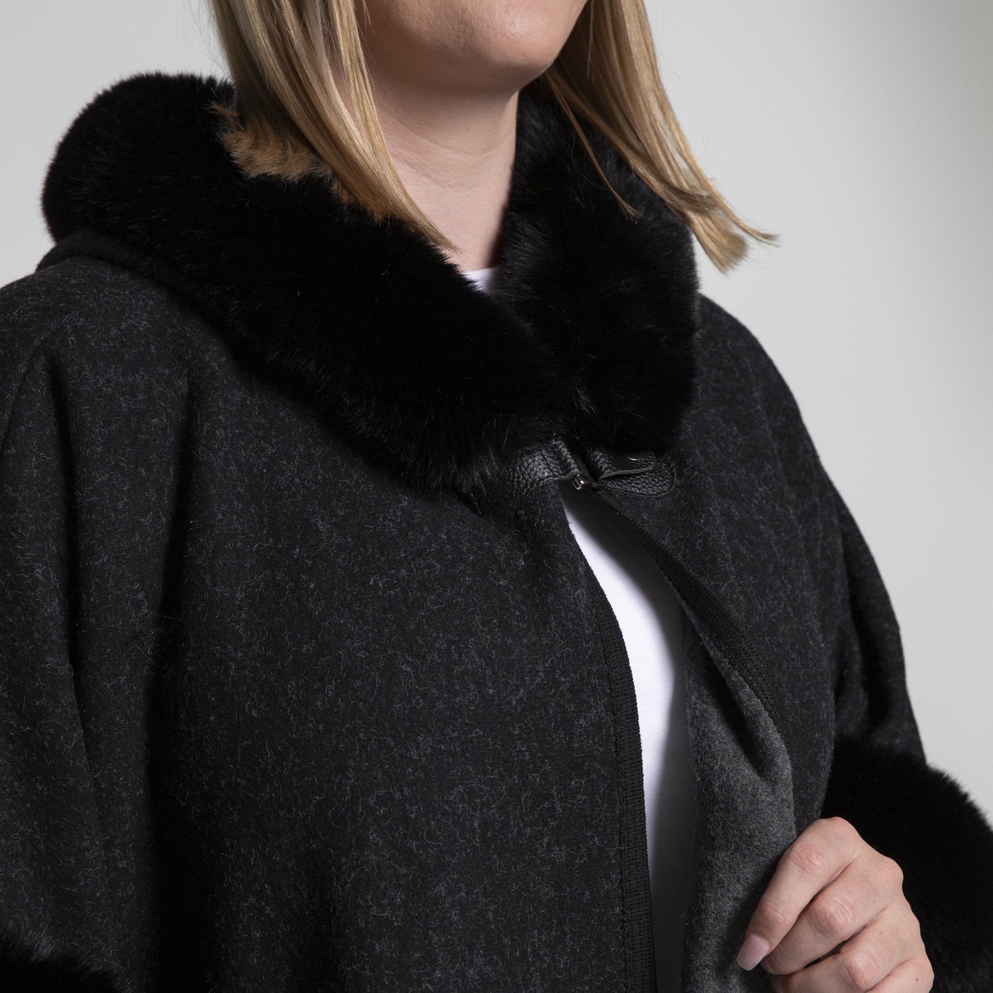 Faux Fur Plain Sleeve Cape Coat - Black