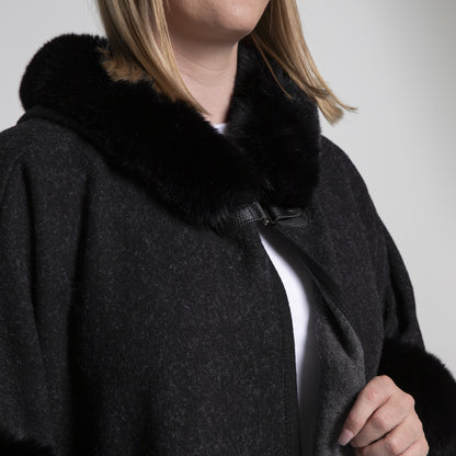 Faux Fur Plain Sleeve Cape Coat - Black