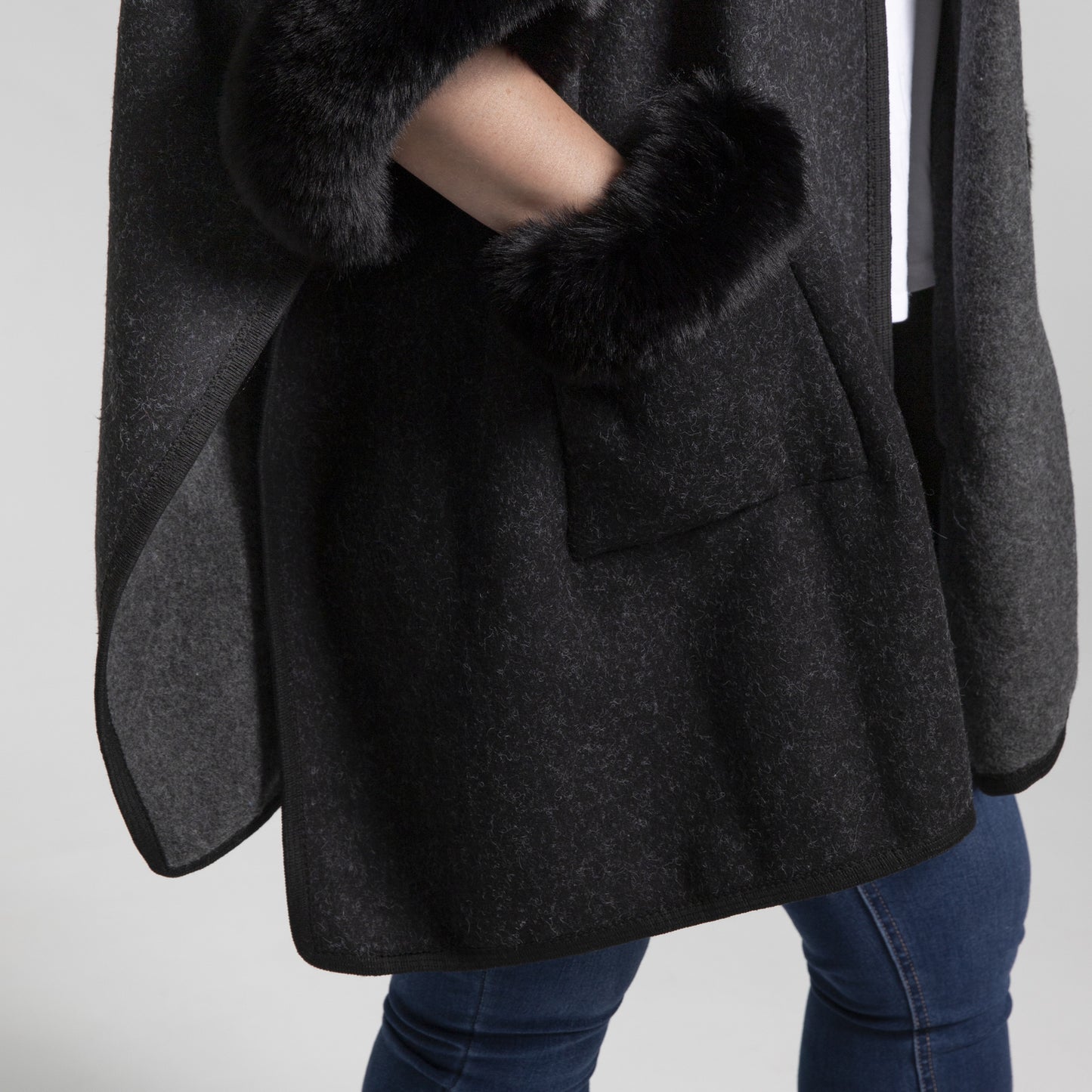 Faux Fur Plain Sleeve Cape Coat - Black