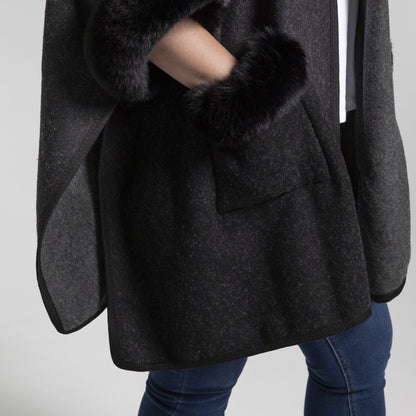 Faux Fur Plain Sleeve Cape Coat - Black