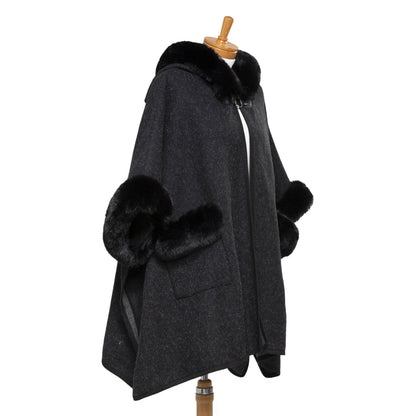 Faux Fur Plain Sleeve Cape Coat - Black