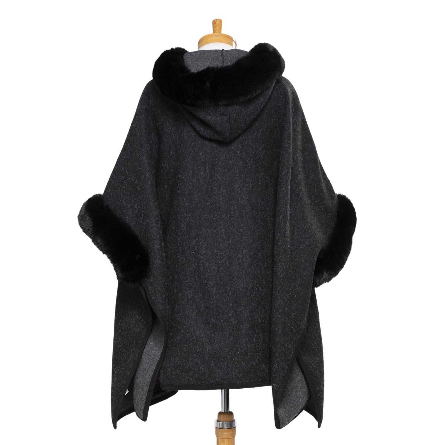 Faux Fur Plain Sleeve Cape Coat - Black