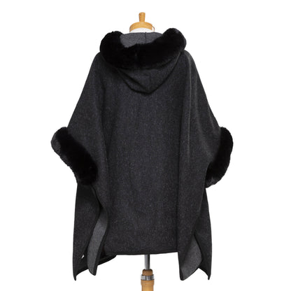 Faux Fur Plain Sleeve Cape Coat - Black