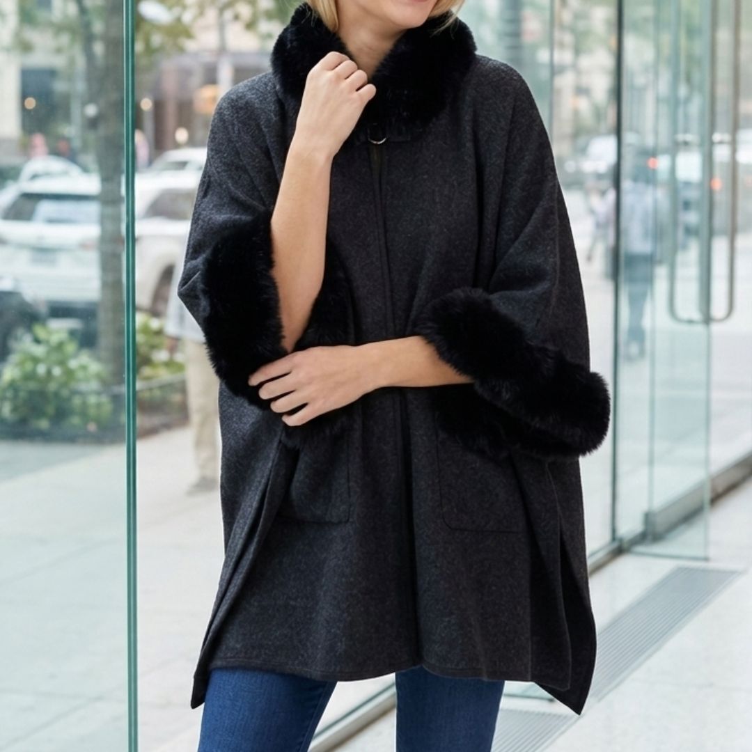 Faux Fur Plain Sleeve Cape Coat - Black