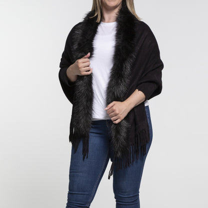 Faux Fur Plain Cape - Black