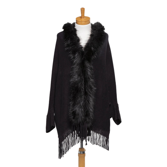 Faux Fur Plain Cape - Black