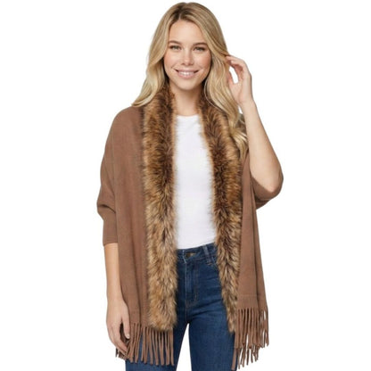 Faux Fur Plain Cape - Brown