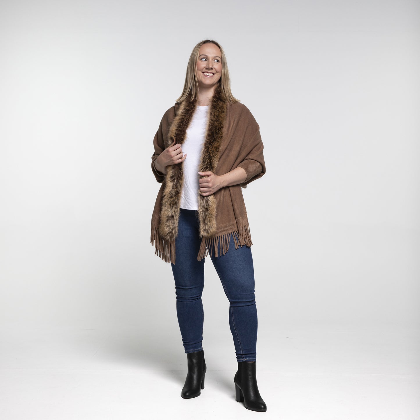 Faux Fur Plain Cape - Brown