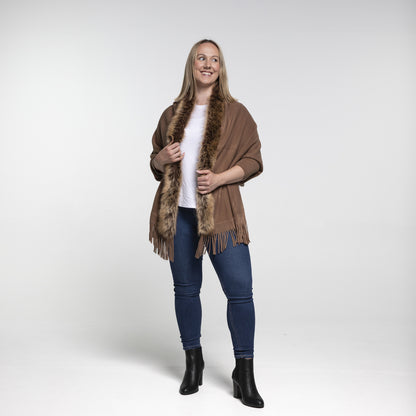 Faux Fur Plain Cape - Brown