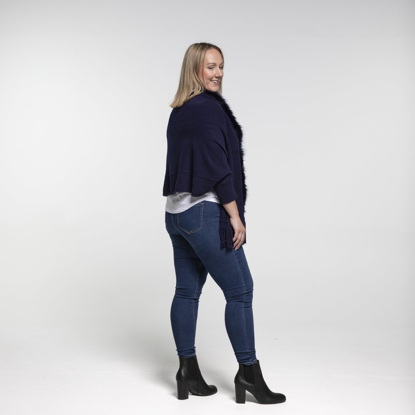 Faux Fur Plain Cape - Navy