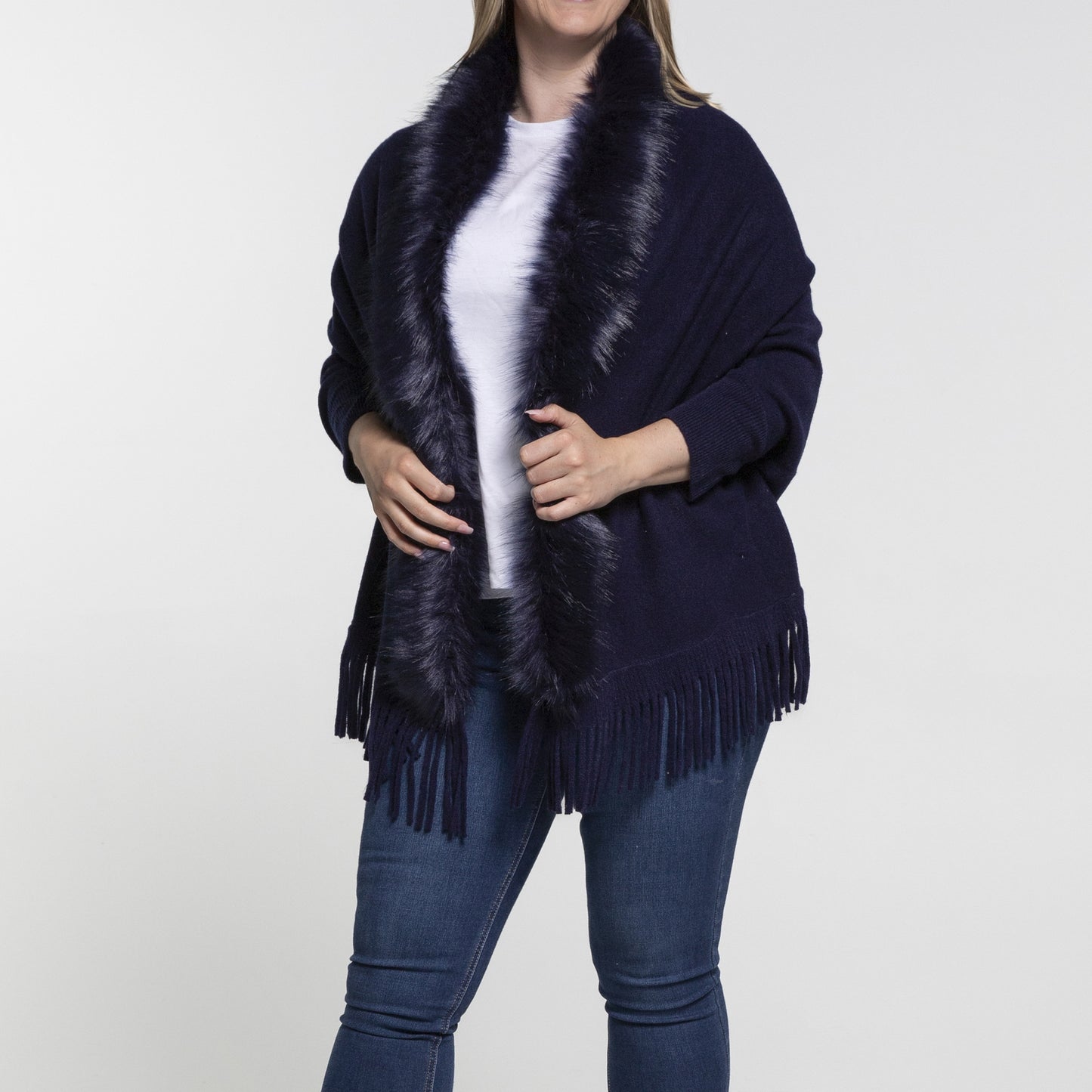 Faux Fur Plain Cape - Navy