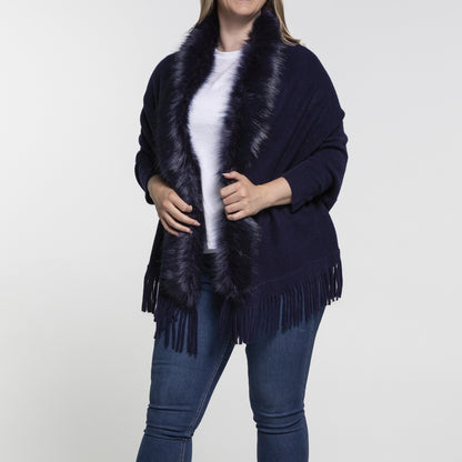 Faux Fur Plain Cape - Navy