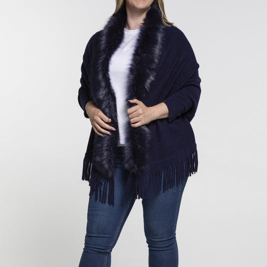 Faux Fur Plain Cape - Navy