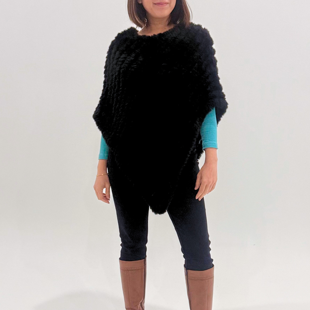 Plush Black Faux Fur Poncho - Black